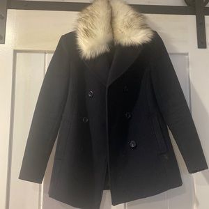 Navy peacoat with white fur hood